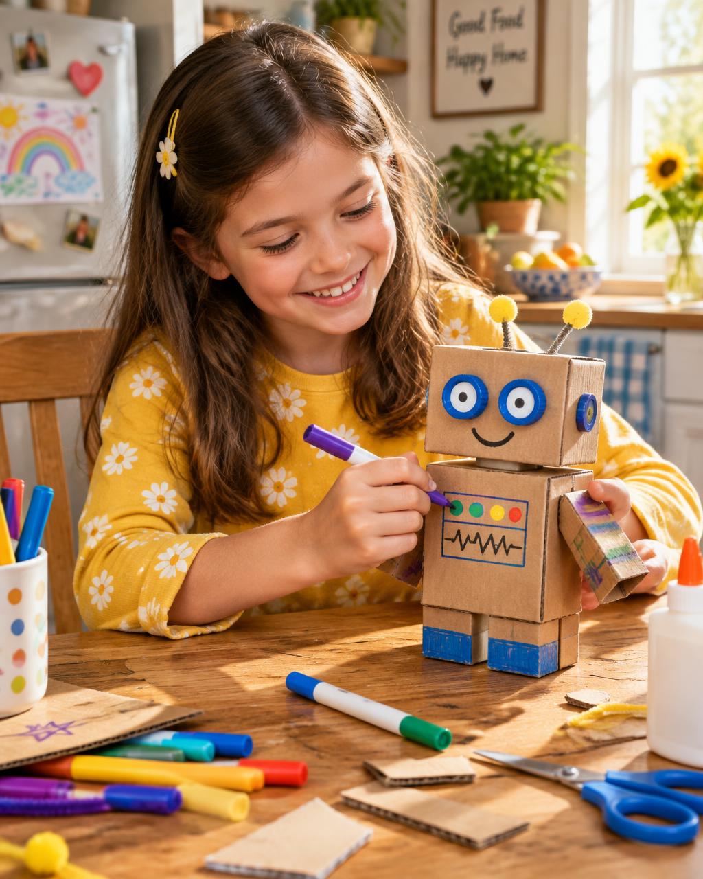 Una niña sonriente decora con rotuladores un robot hecho con cajas de cartón y tapas