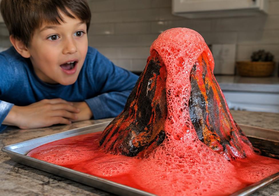 Un niño observa asombrado la erupción de un volcán casero de bicarbonato