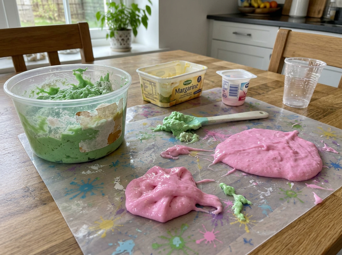 Imagen ilustrativa de slime casero con grumos en recipientes reutilizados
