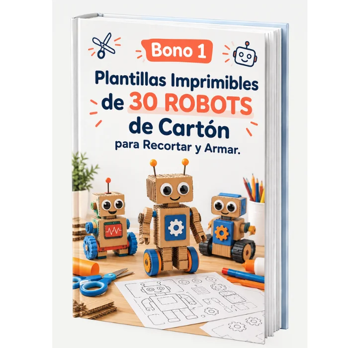 Portada del Bono 1: Plantillas Imprimibles de 30 Robots de Cartón para recortar y armar